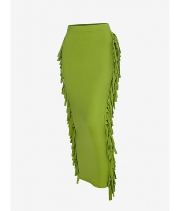 Fringed Side Slinky Maxi Skirt