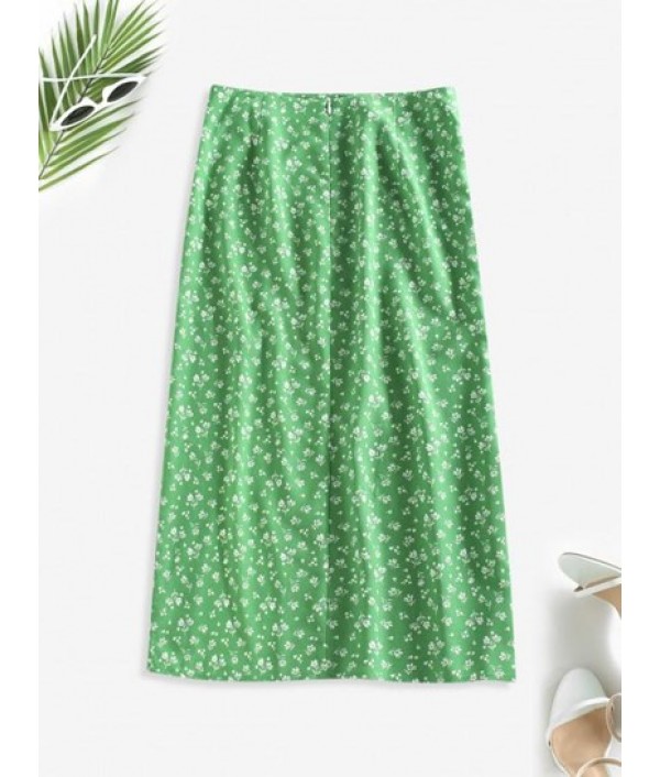 Ditsy Print High Slit Midi Skirt