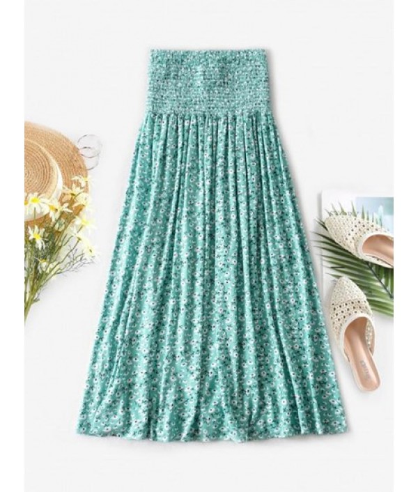 Ditsy Print Smocked Waist Slit Maxi Skirt