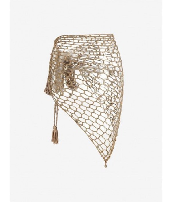 Shell Embellished Openwork Crochet Mini Wrap Skirt