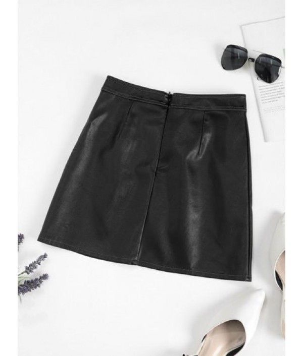 Pockets Mock Button PU Leather Mini Skirt