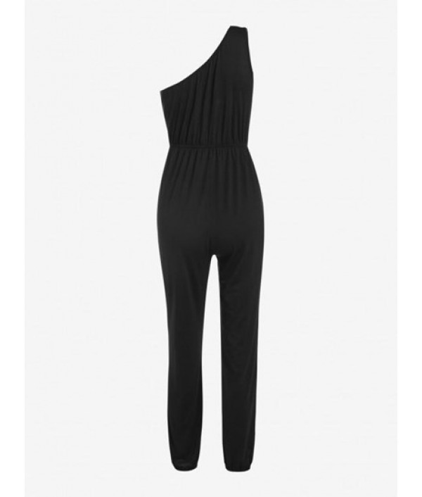 Contrast Drawstring One Shoulder Pocket Jumpsuit