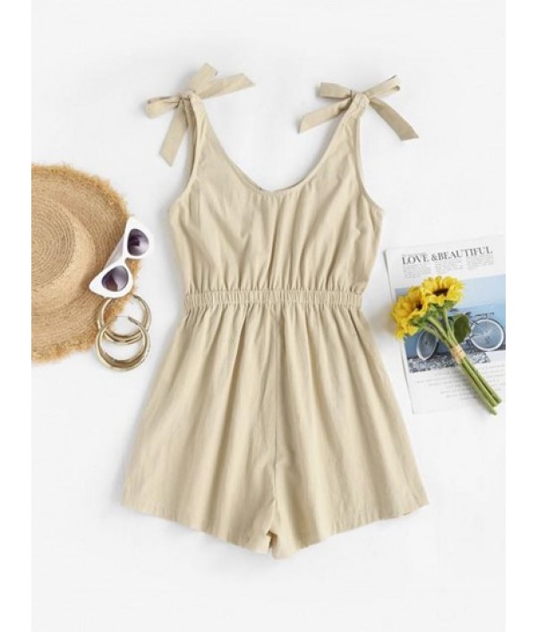 Solid Button Front Tie Shoulder Romper