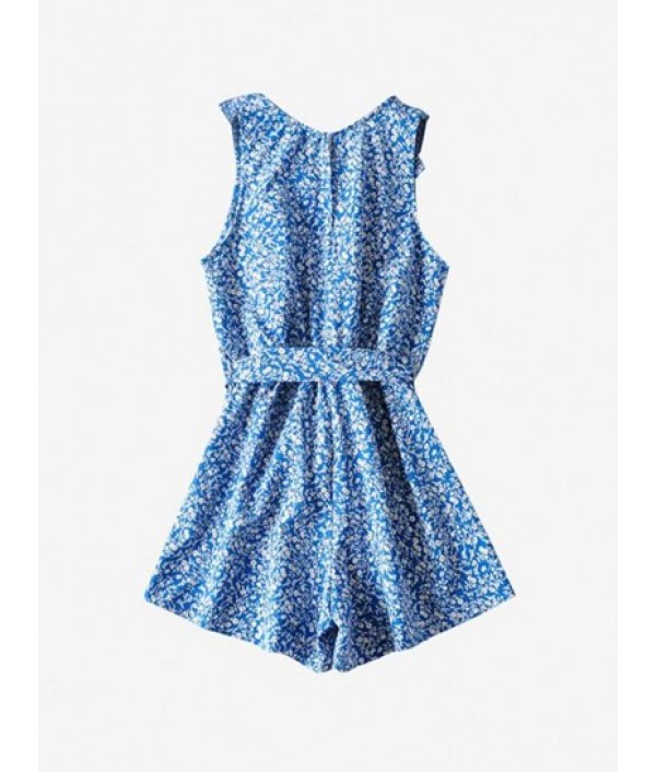 Ditsy Print Flounce Belted Plunging Romper