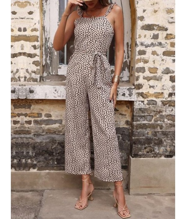 Animal Spotted Print Ruffles Belted Jumpsuit