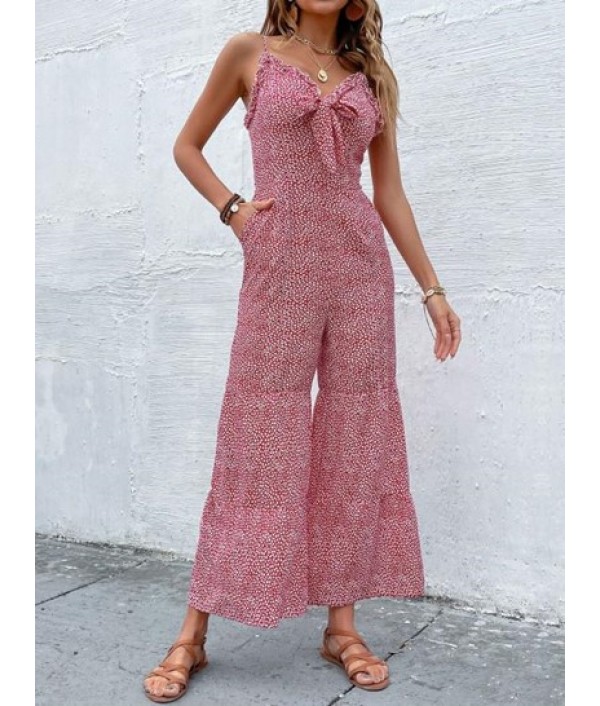 Ditsy Print Tie Front Frilled Wide Leg Jumpsuit