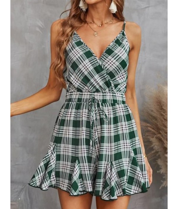 Plaid Backless Wide Leg Godet Romper