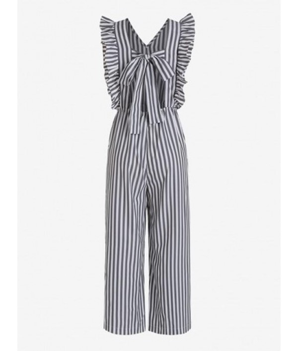 Tie Open Back Stripes Ruffles Wide Leg Jumpsuit