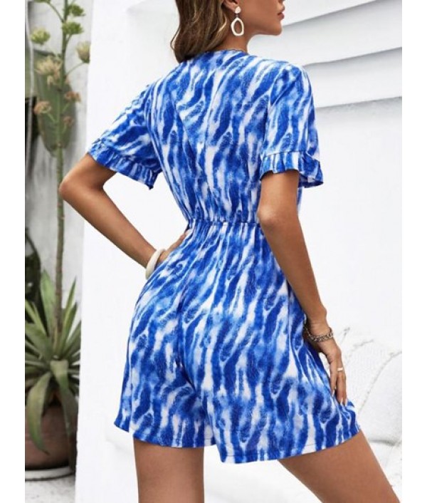 Tie Dye Tie Front Ruffle Wide Leg Romper