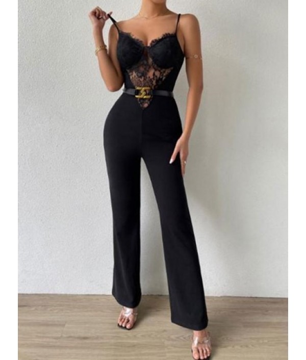 Lace Insert Padded Wide Leg Jumpsuit