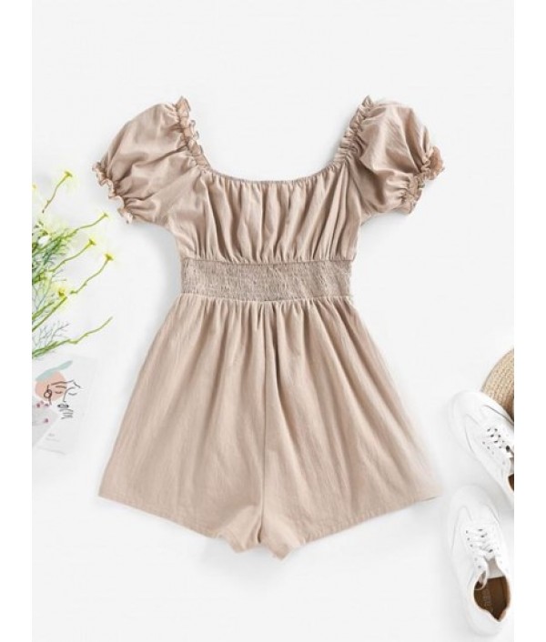 Ruffle Smocked Puff Sleeve Wide Leg Romper