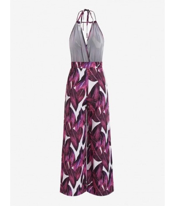 Leaves Print Halter Backless Wide Leg Jumpsuit