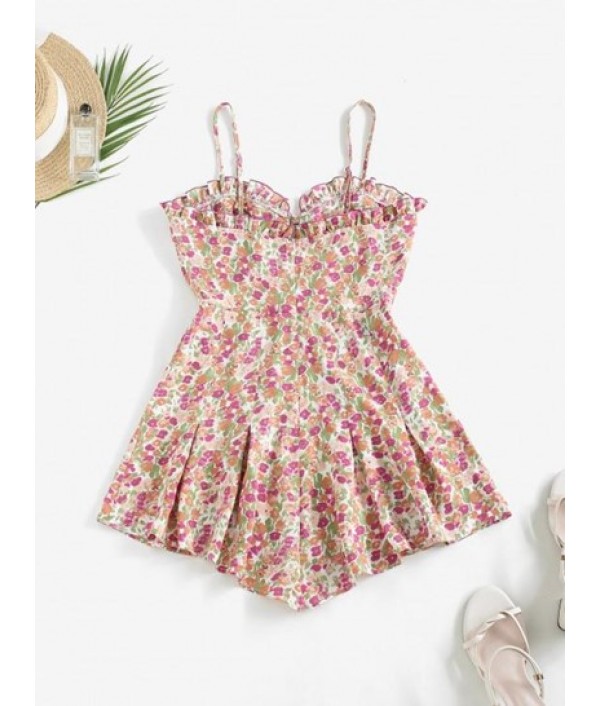 Floral Print Ruffle Pleated Detail Romper