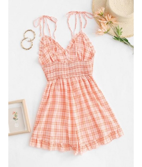 Gingham Cinched Ruffle Backless Romper