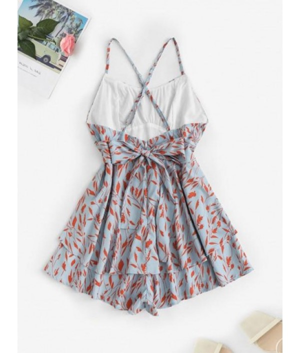 Tie Waist Criss Cross Back Leaves Print Layered Romper