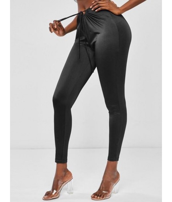 High Waisted Drawstring Tie Cut Out Ruched Leggings