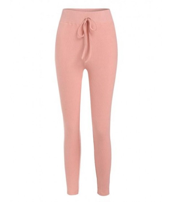 Solid Ribbed Tie High Waisted Leggings