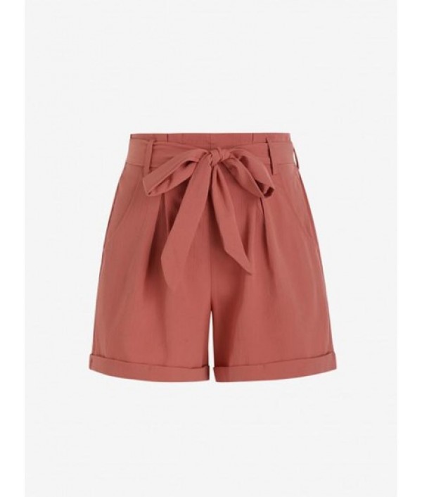 Solid Color Belted Casual Shorts