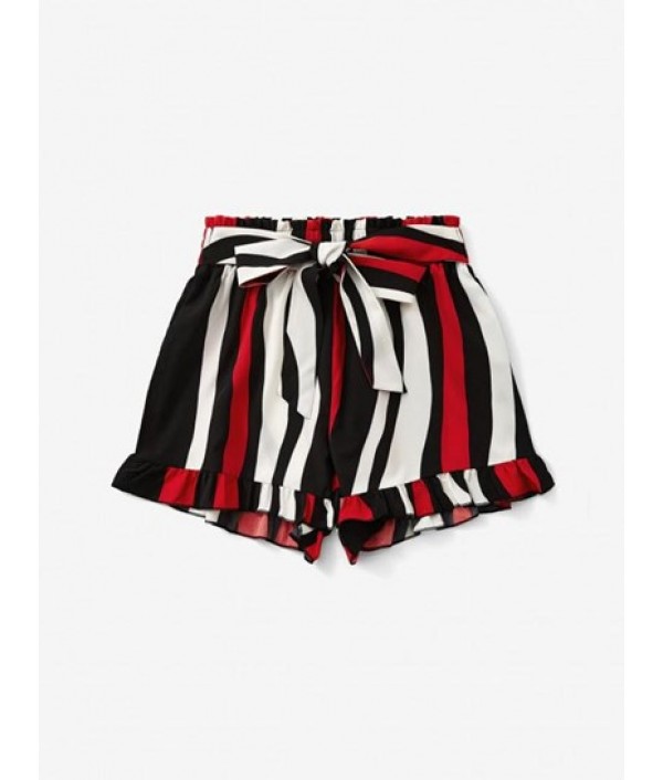 Mixed Stripes Tie Waist Ruffles Shorts