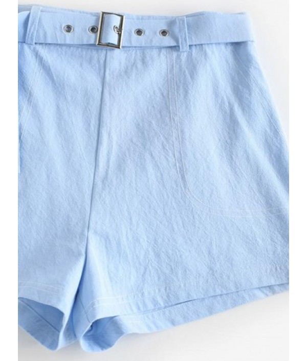 Solid High Waisted Buckle Belted Shorts