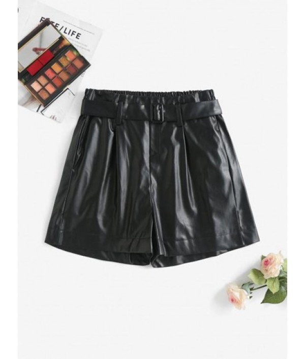 Buckle Belted PU Leather Pleated Shorts