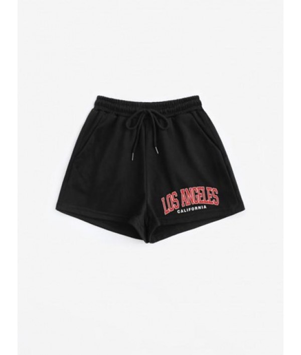 Drawstring Los Angeles Print Pocket Sweat Shorts