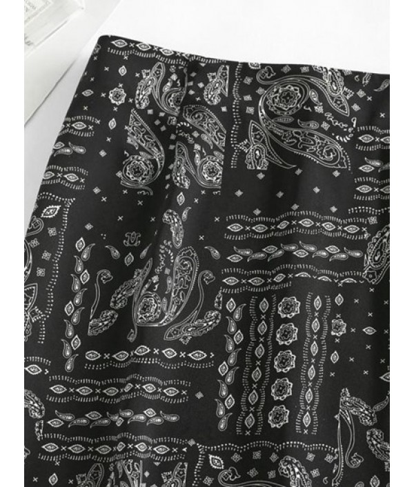 Front Slit Ethnic Paisley Print Skirt