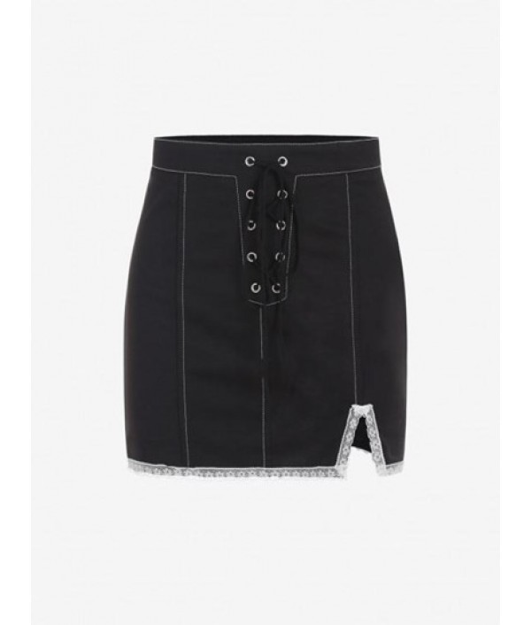 Front Slit Lace Up Lace Trim Mini Skirt