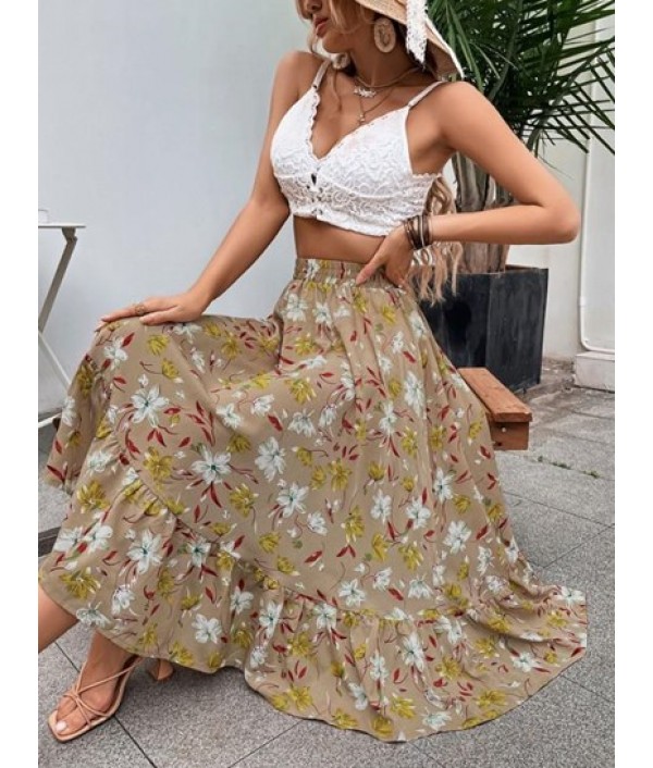 Flower Print Flowy Casual Tiered Skirt