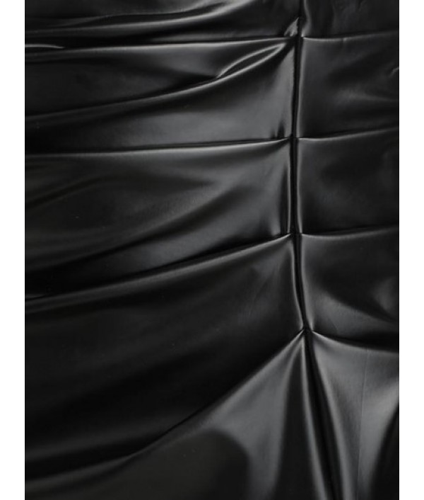 Ruched PU Leather Front Slit Midi Skirt