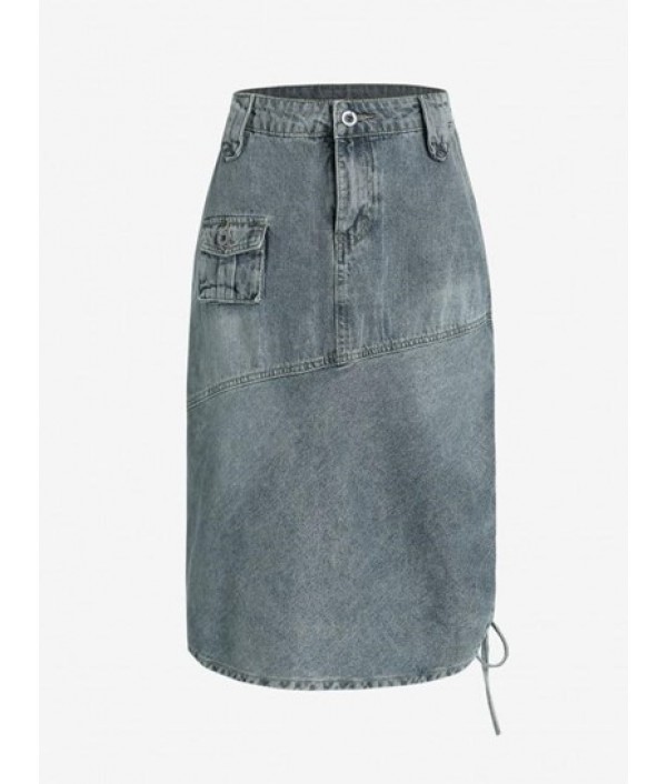 Cinched Side Pockets Denim Cargo Skirt