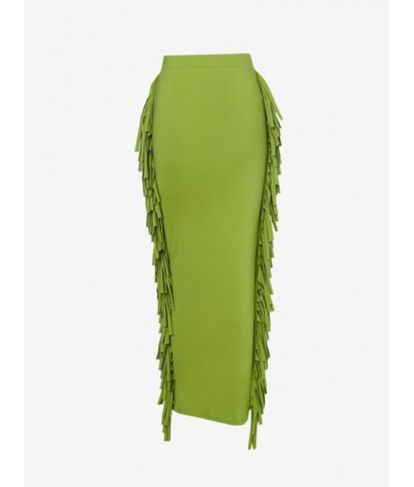 Fringed Side Slinky Maxi Skirt