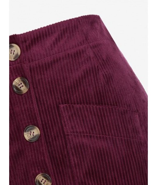 Pockets Corduroy Button Front A-line Skirt