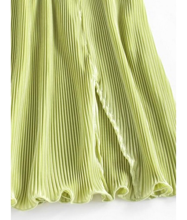 Accordion Pleated Slit Mini Skirt