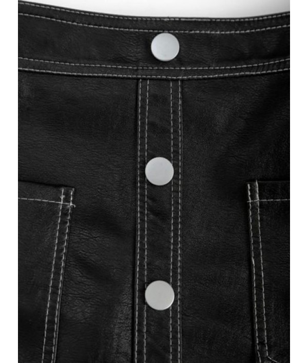 Pockets Mock Button PU Leather Mini Skirt