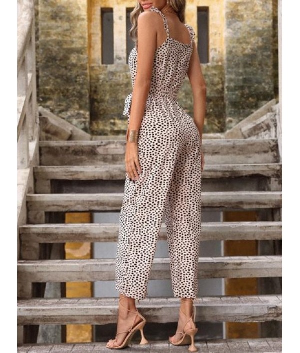 Animal Spotted Print Ruffles Belted Jumpsuit