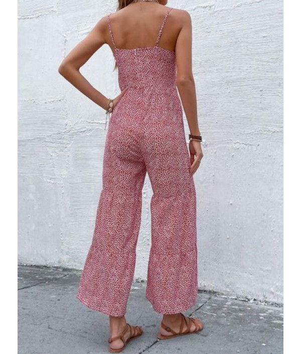 Ditsy Print Tie Front Frilled Wide Leg Jumpsuit