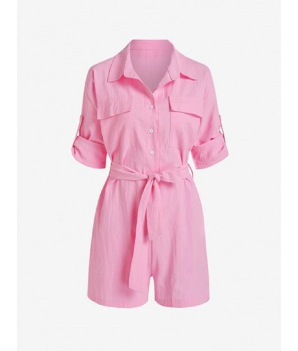 Roll Tab Sleeve Belted Cargo Romper