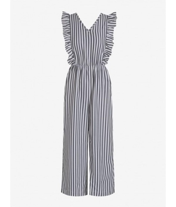 Tie Open Back Stripes Ruffles Wide Leg Jumpsuit