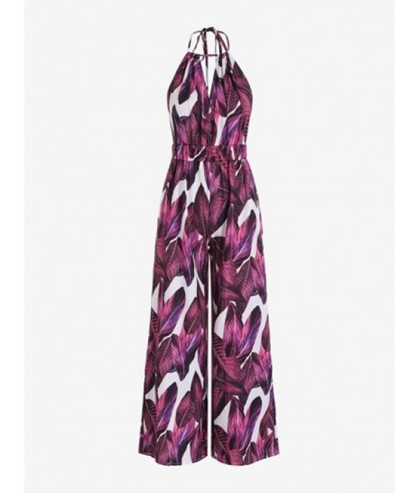 Leaves Print Halter Backless Wide Leg Jumpsuit