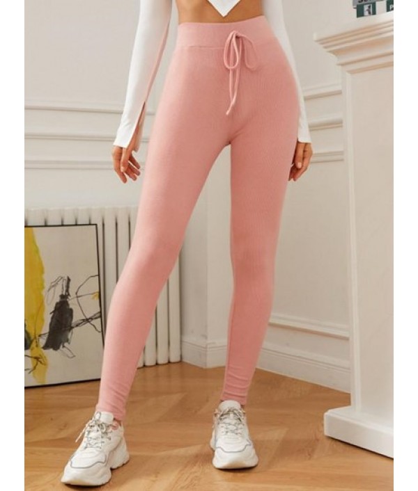 Solid Ribbed Tie High Waisted Leggings