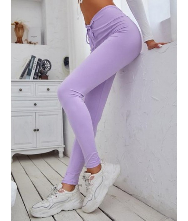 Solid Lace Up High Waisted Leggings