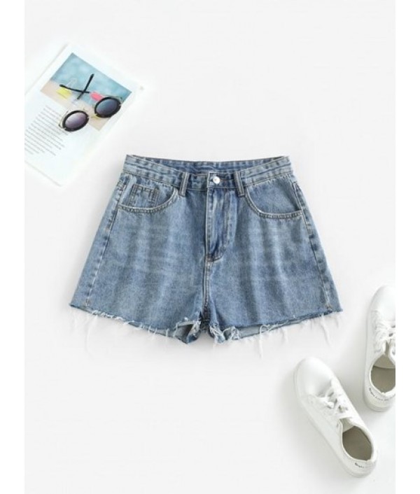 Frayed Hem Pockets Denim Shorts