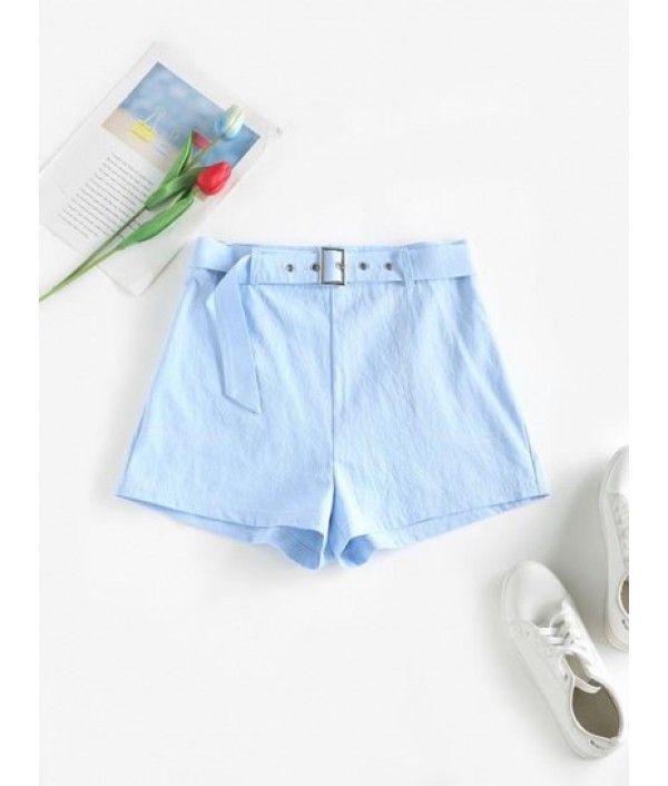 Solid High Waisted Buckle Belted Shorts