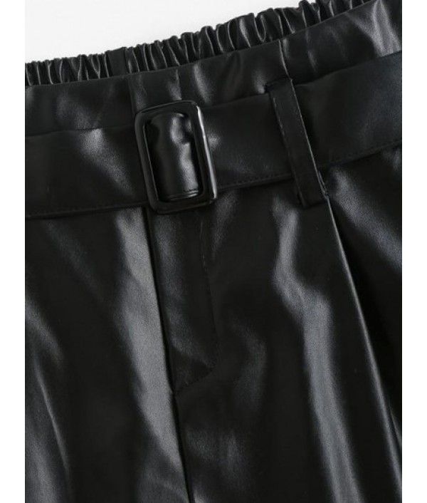 Buckle Belted PU Leather Pleated Shorts