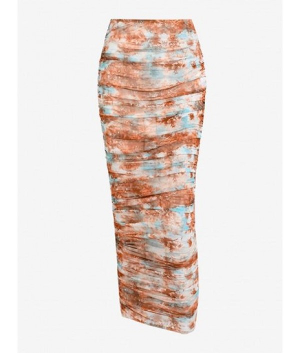 Abstract Print Ruched Mesh Slinky Long Skirt