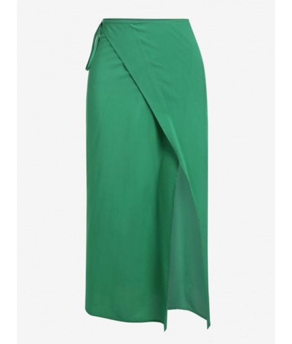 Tie Waist Solid Wrap Midi Skirt