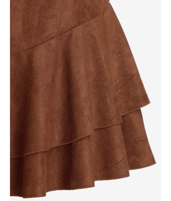 Faux Suede Belted Flounce Asymmetric Skirt