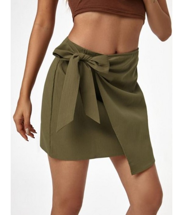 Overlap Solid Tie Waist Mini Skirt