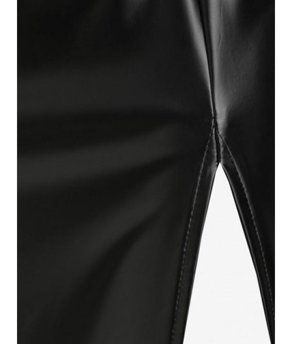 Ruched PU Leather Front Slit Midi Skirt